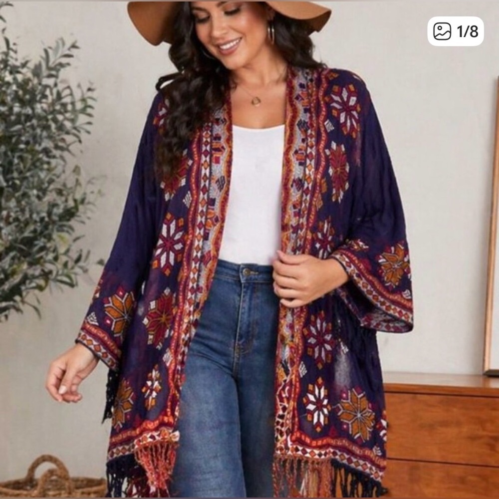 Time for Me Dark Purple/navy blue embroidered Aztec boho kimono cardigan XL